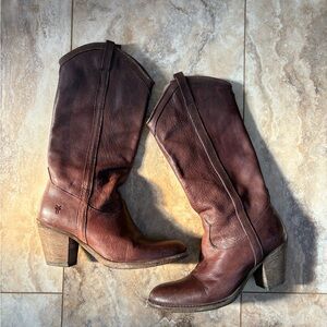 Frye Genuine VTG Leather Cowboy Knee High Billy Boots Heeled Brown Pull On Boho